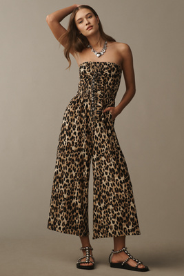 Bishop + Young Elva Strapless Tie-front Leopard Jumpsuit In Beige