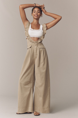 Ruffle-Strap Washed Chino Overalls