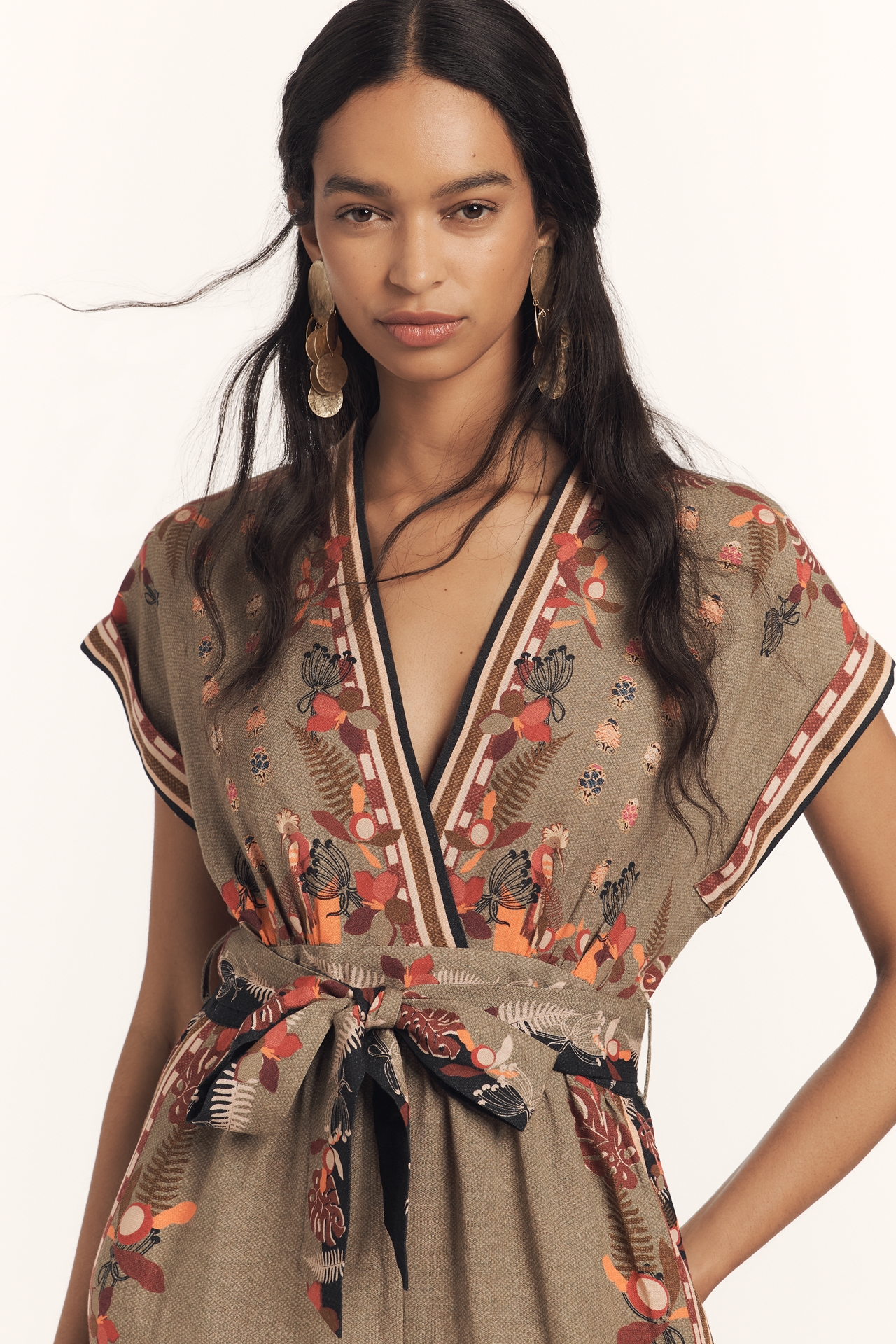 Ranna Gill Linen Blend V-Neck Printed Wrap Wide-Leg Jumpsuit