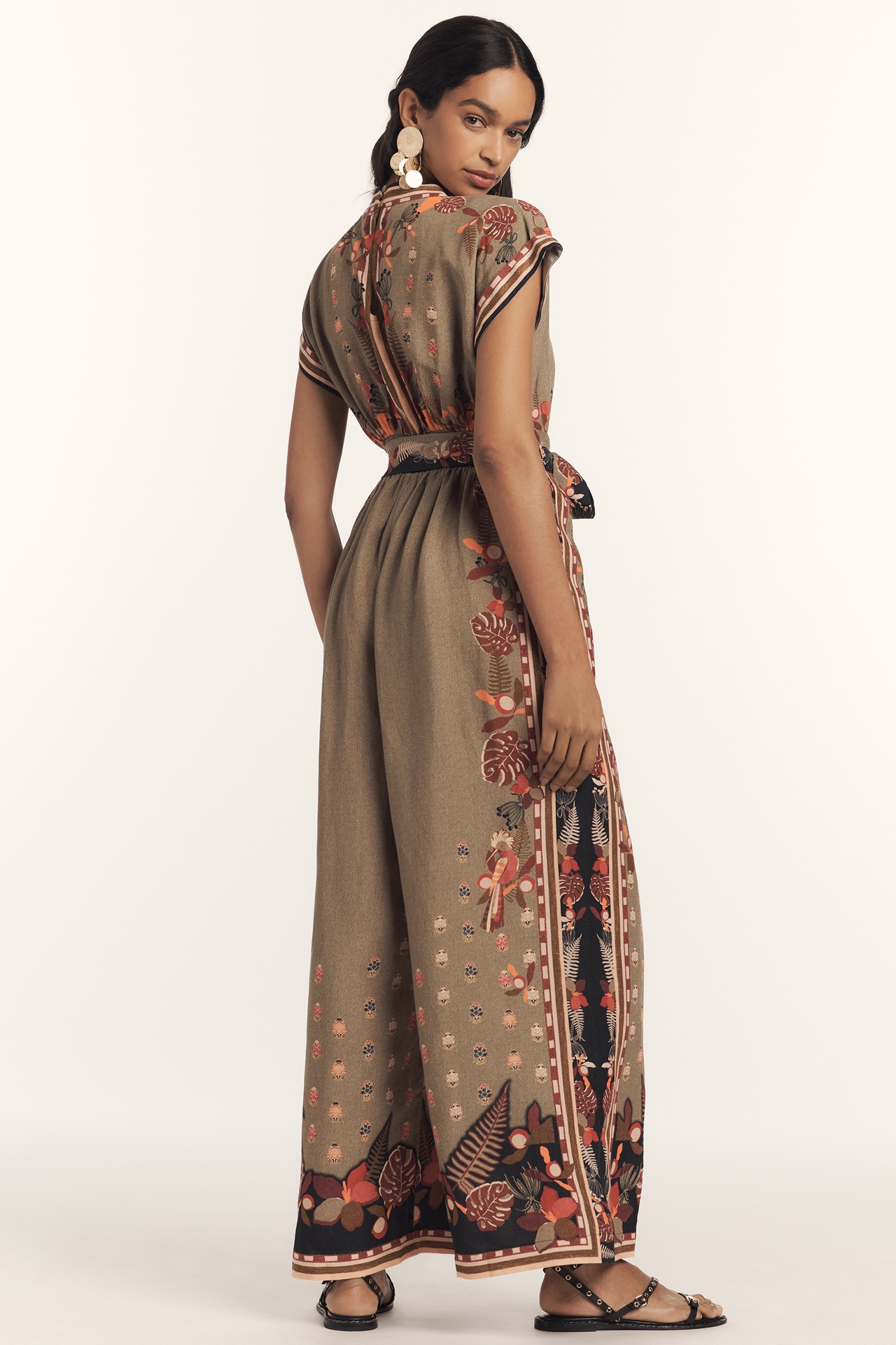 Ranna Gill Linen Blend V-Neck Printed Wrap Wide-Leg Jumpsuit