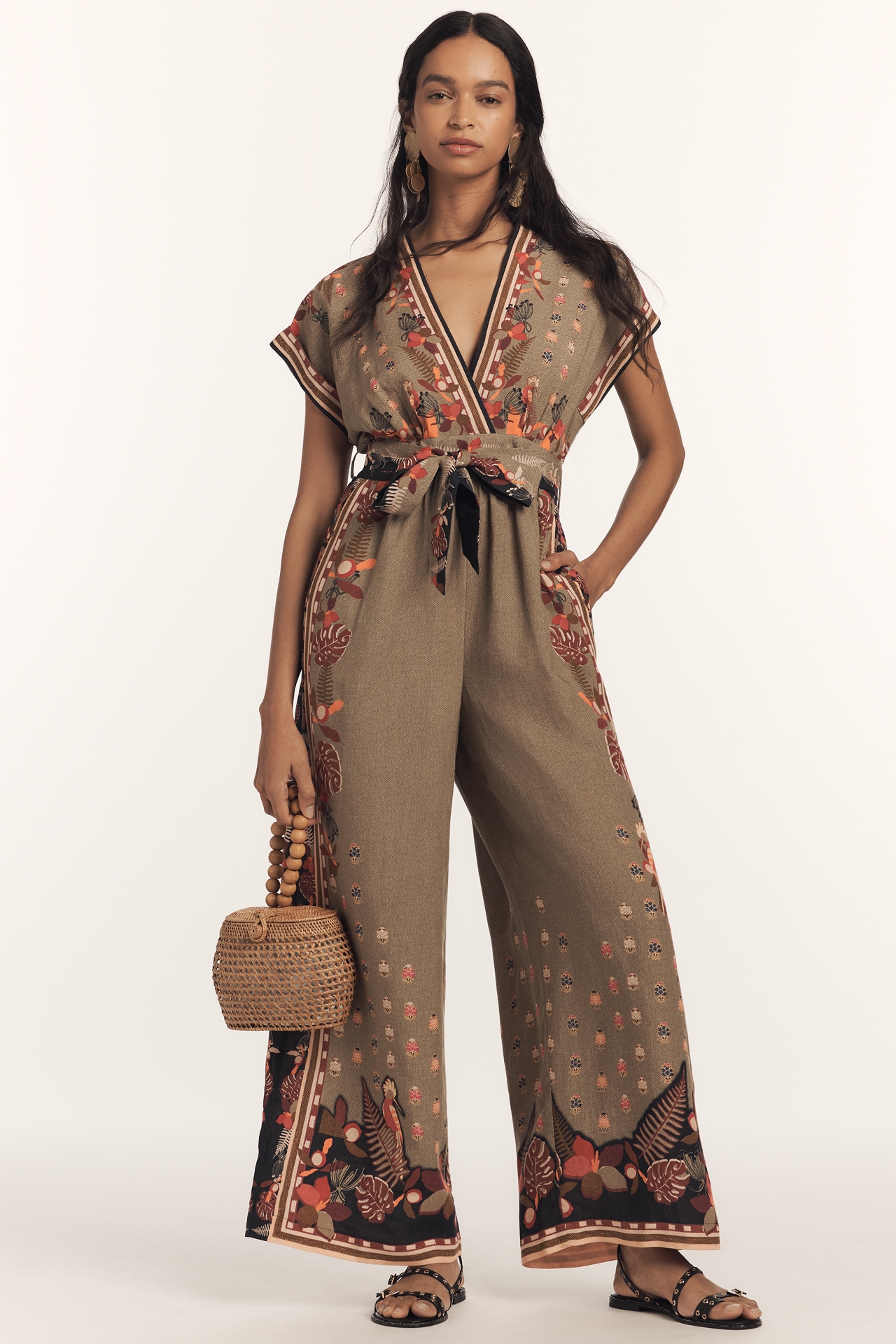 Ranna Gill Linen Blend V-Neck Printed Wrap Wide-Leg Jumpsuit