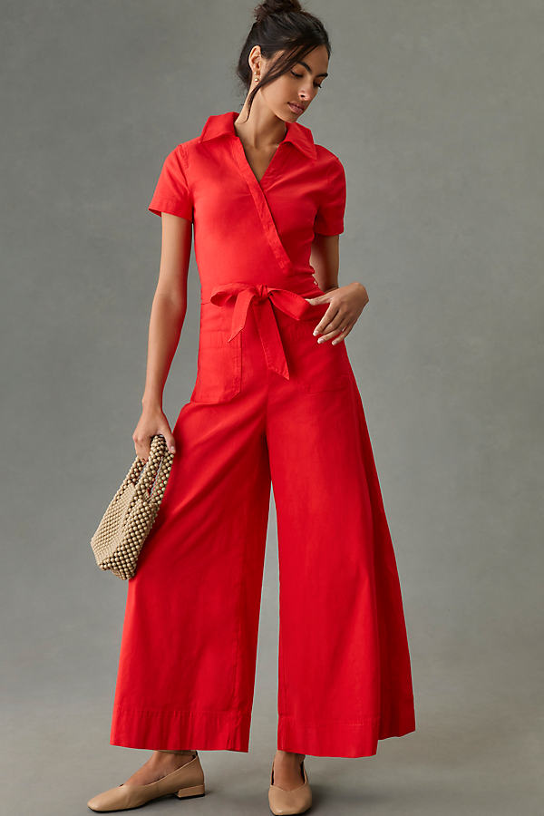 Maeve Short-Sleeve Wrapped-Culotte Jumpsuit