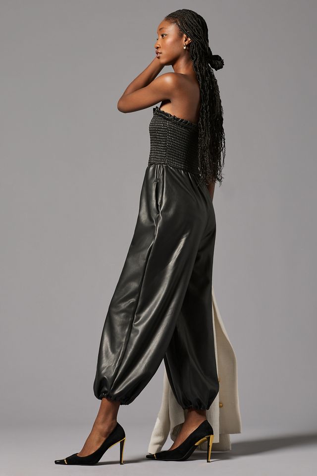 By Anthropologie Faux Leather Balloon Jumpsuit #2