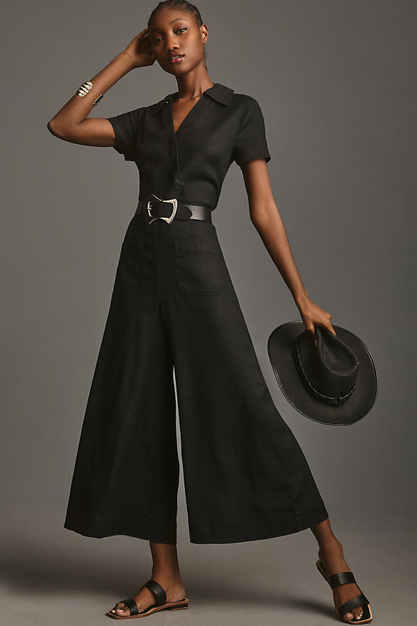 Maeve Short-sleeve Wrapped Culotte Jumpsuit In Black