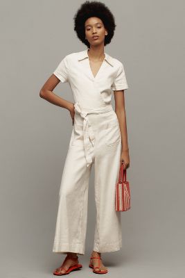 Maeve Short-sleeve Wrapped Culotte Jumpsuit In White