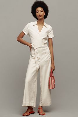 Maeve Short-sleeve Wrapped Culotte Jumpsuit In White