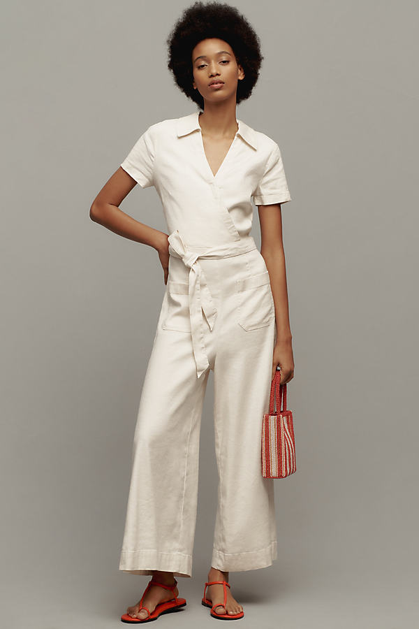 Maeve Short-sleeve Wrapped Culotte Jumpsuit In White