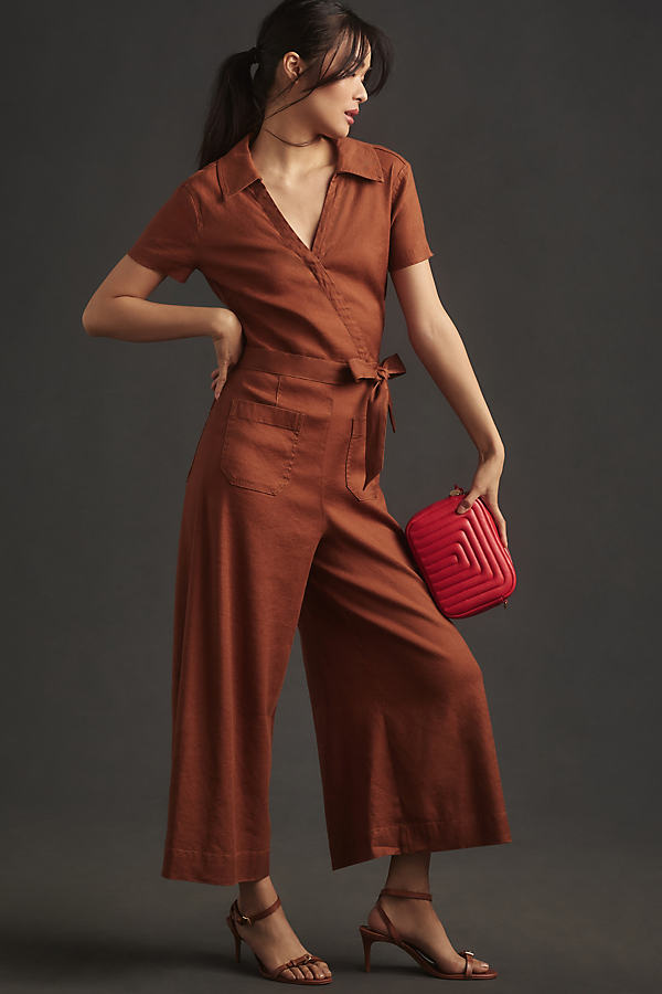 Maeve Short-sleeve Wrapped Culotte Jumpsuit In Brown