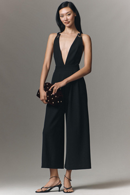 Maeve Sleeveless Deep-v Wide-leg Jumpsuit In Black
