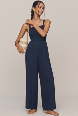 English Factory Sleeveless Smocked Wide-leg Jumpsuit In Blue