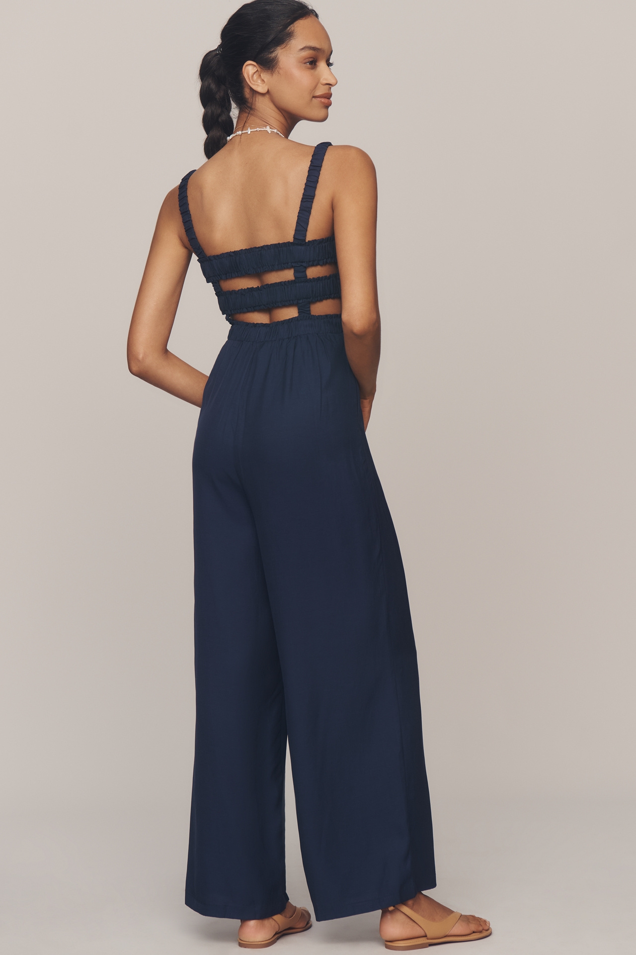 English Factory Sleeveless Smocked Wide-Leg Jumpsuit