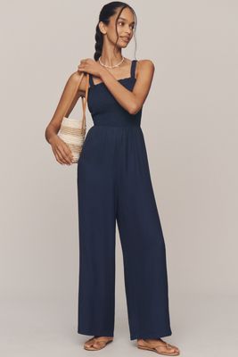 English Factory Sleeveless Smocked Wide-Leg Jumpsuit
