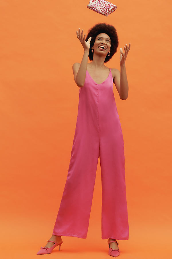 Self Contrast Satin Jumpsuit In Pink