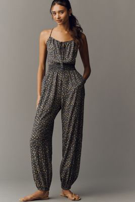 Self Contrast Floral Smocked Jumpsuit