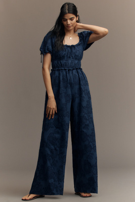 Sarah Hann Linen Blend Puff-sleeve Jumpsuit In Blue