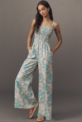 HUTCH SLEEVELESS SMOCKED VINTAGE FLORAL WIDE-LEG JUMPSUIT 