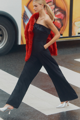 Hutch Faux-fur Trim Strapless Jumpsuit In Black