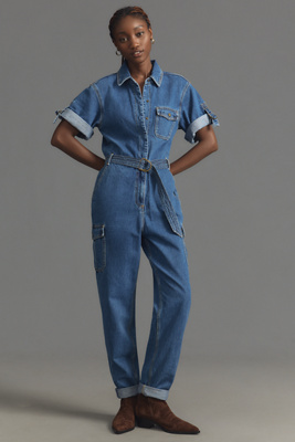 Shop Kivari Natalie Short-sleeve Denim Jumpsuit In Blue