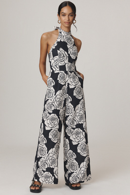 Kivari Carmen Rose Linen Blend Halter Wide-leg Jumpsuit In Blue