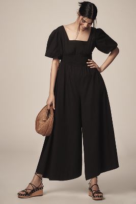 Puff-Sleeve Smocked Culotte Jumpsuit