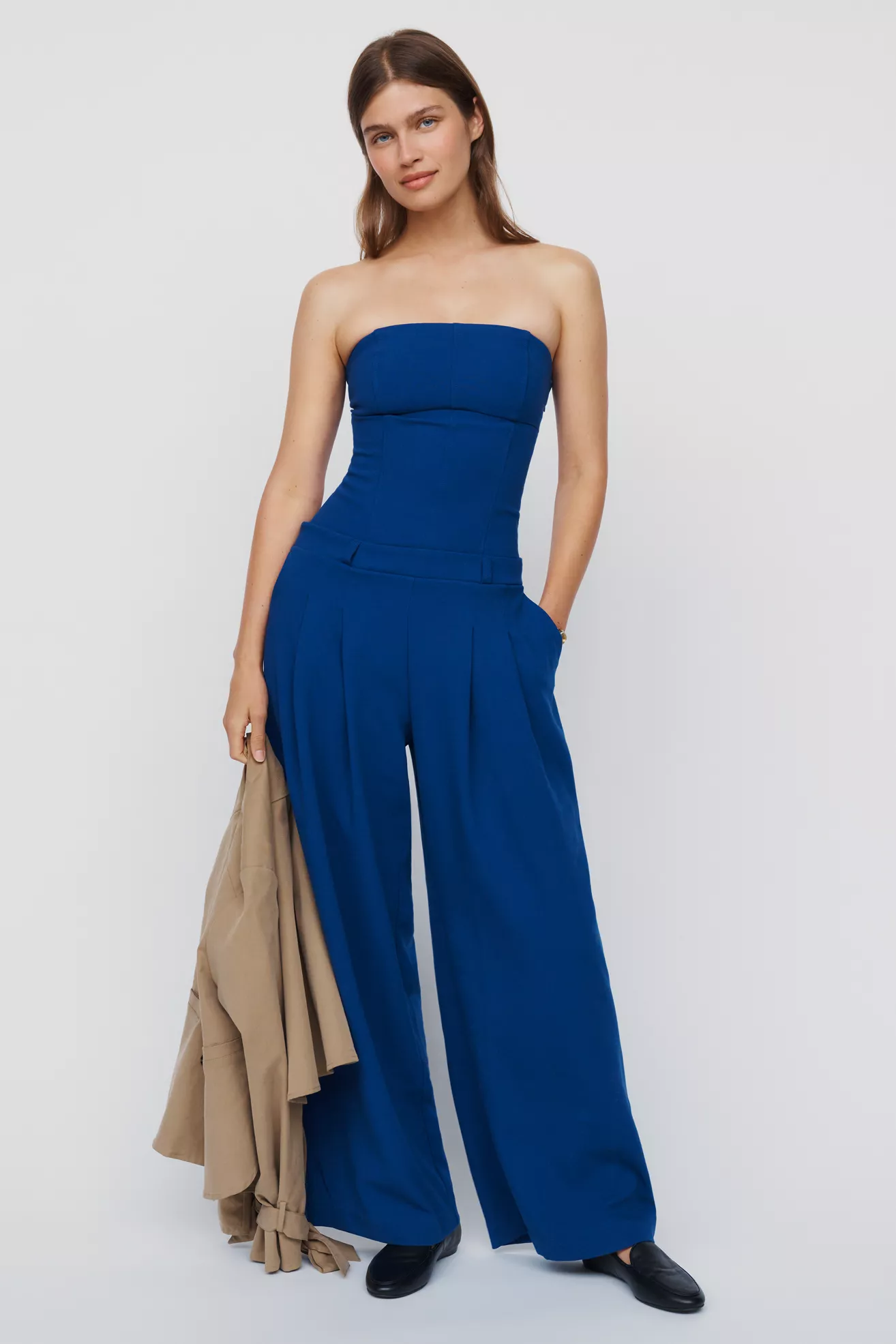 Maeve Avery Strapless Wide-Leg Pleated Jumpsuit