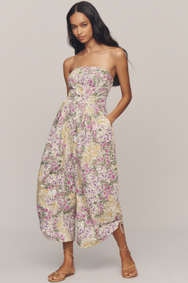 By Anthropologie Strapless Ruched Printed Jumpsuit In Multi