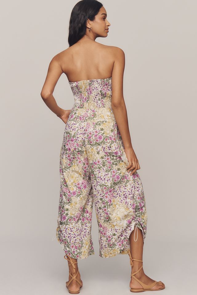 By Anthropologie Strapless Ruched Printed Jumpsuit #1
