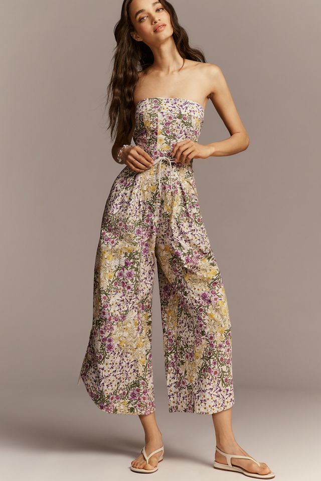 By Anthropologie Strapless Printed Parachute Jumpsuit #2