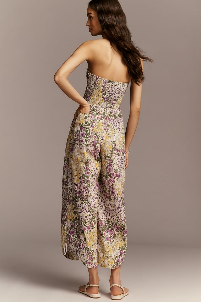By Anthropologie Strapless Printed Parachute Jumpsuit #3