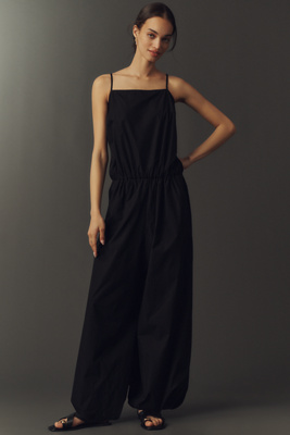 By Anthropologie Women's Black Cotton Bubble-Hem Twofer Jumpsuit M Petite