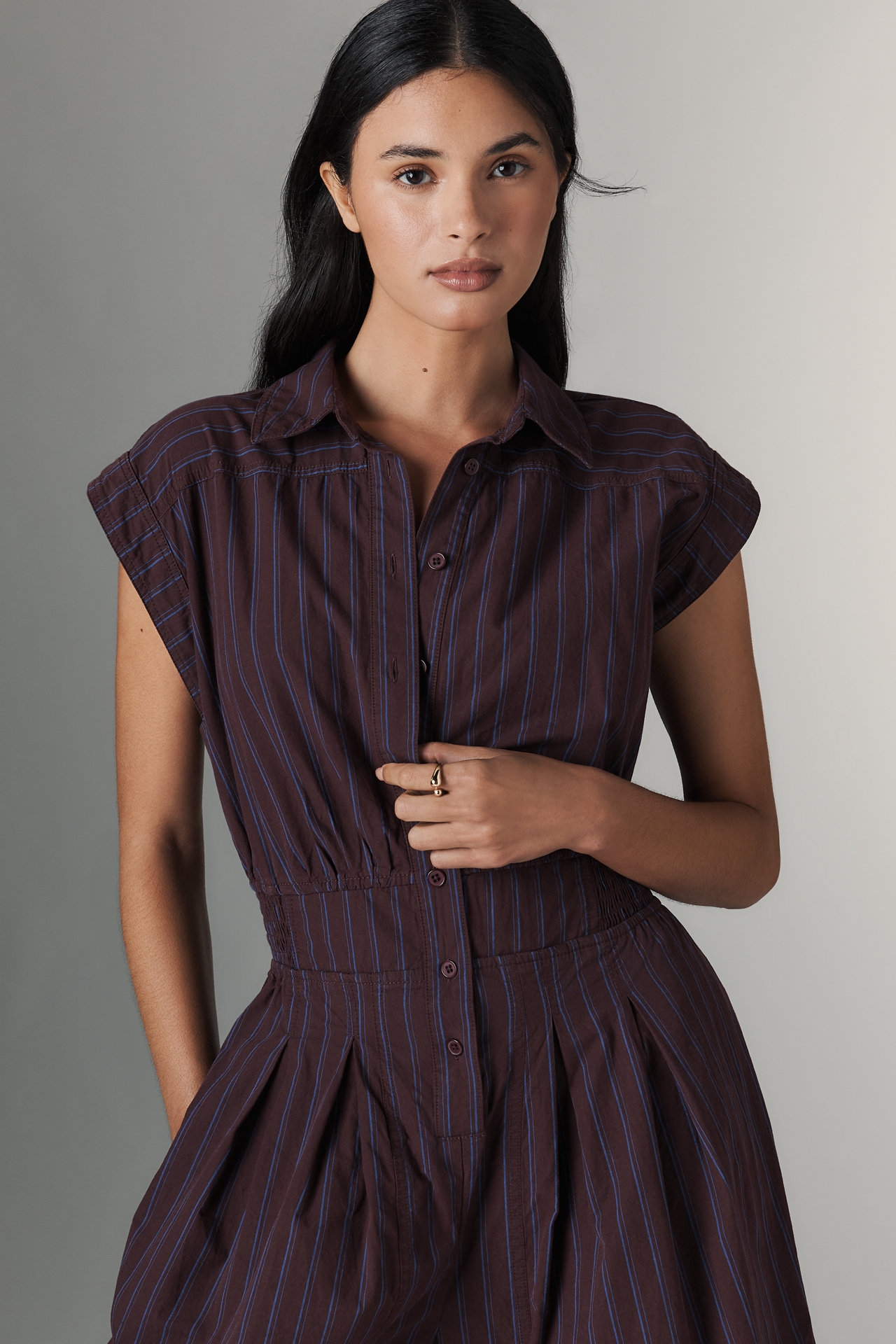 By Anthropologie Striped Shirting Parachute Jumpsuit