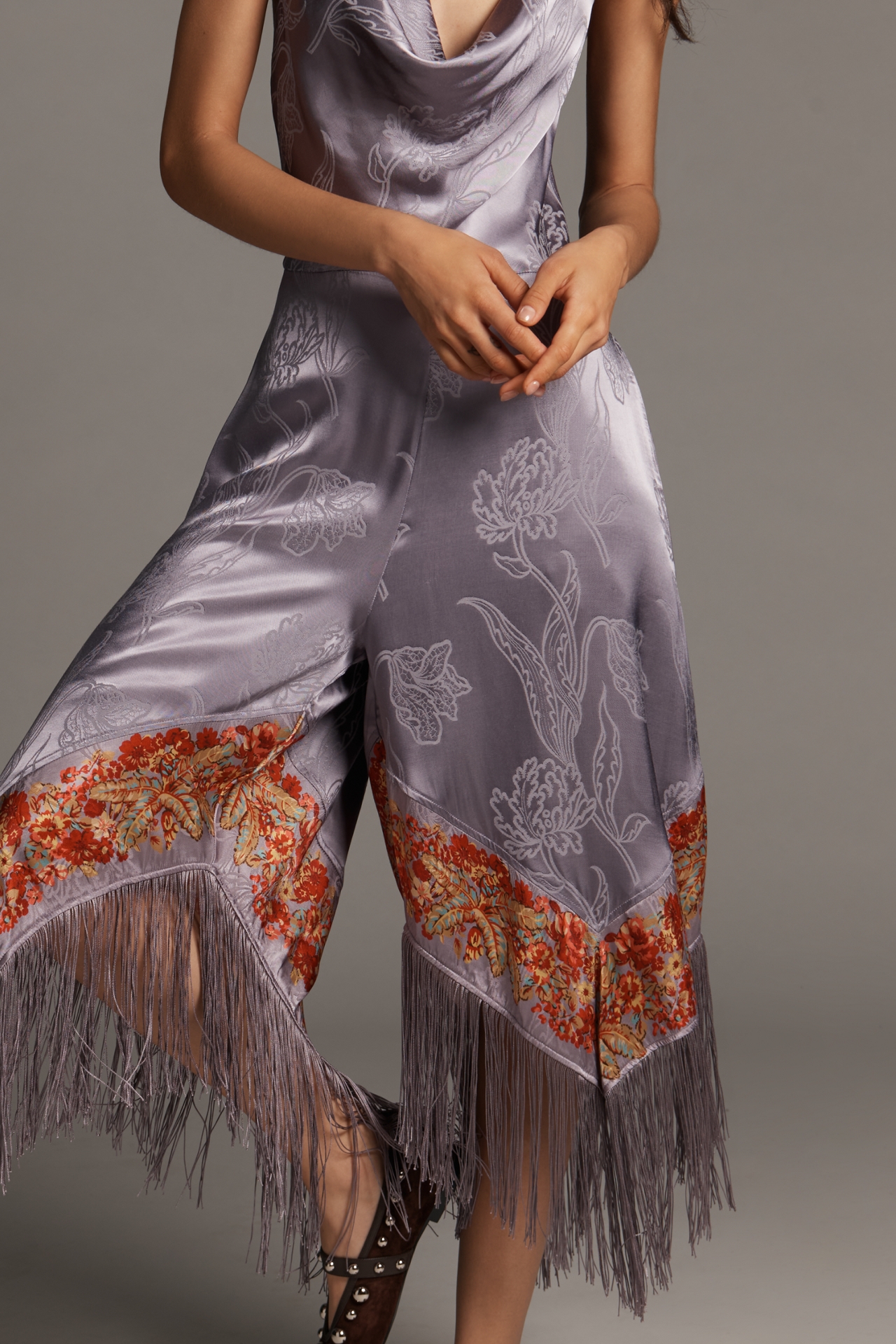 By Anthropologie Fringe Cowl-Neck Jumpsuit