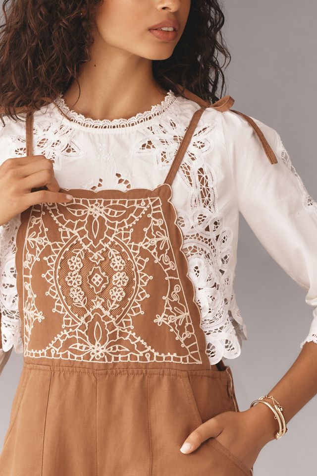 By Anthropologie Embroidered Linen Overalls #1
