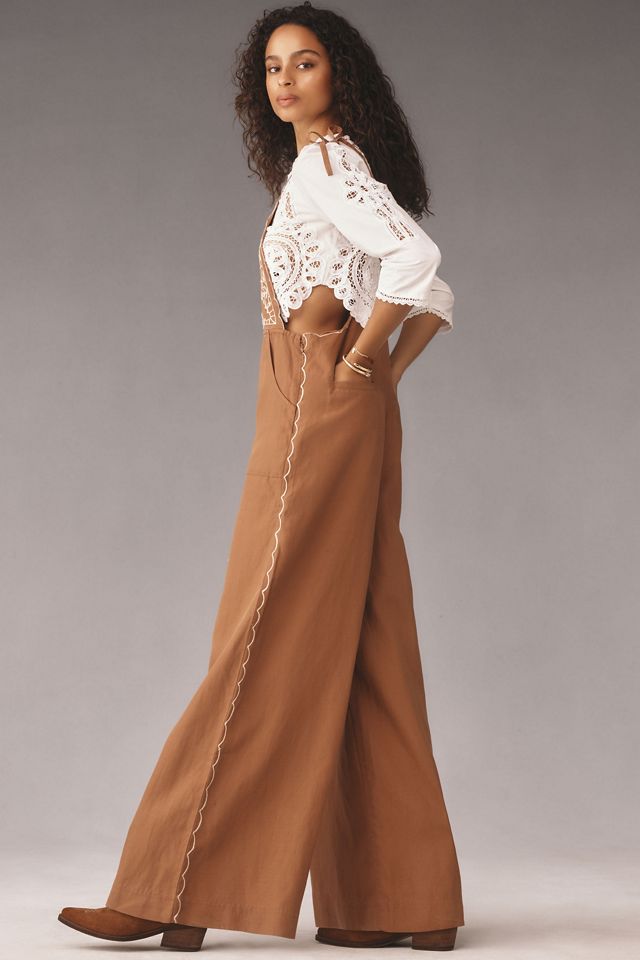 By Anthropologie Embroidered Linen Overalls #3