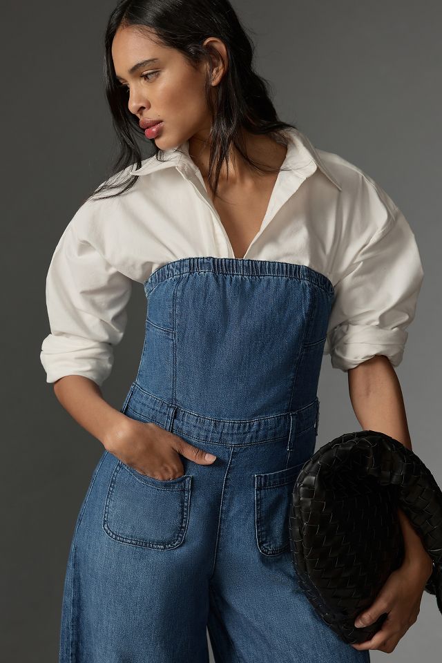 Pilcro Strapless Polished Wide-Leg Denim Jumpsuit