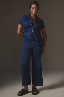 Shop Maeve The Colette Weekend Denim Jumpsuit By  In Blue