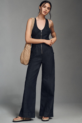 Sleeveless V-Neck Flare Denim Jumpsuit