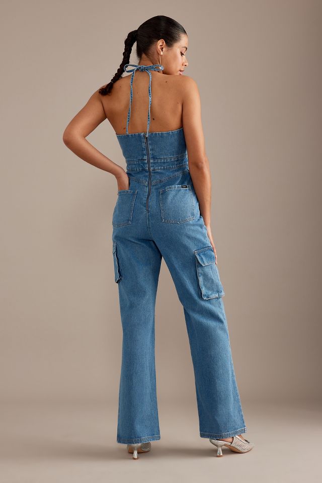 Denim cheap jumpsuit bardot