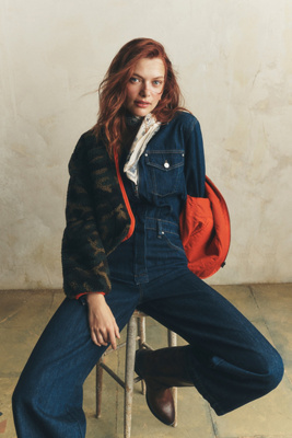 Hudson Long-sleeve Wide-leg Crop Denim Jumpsuit In Blue