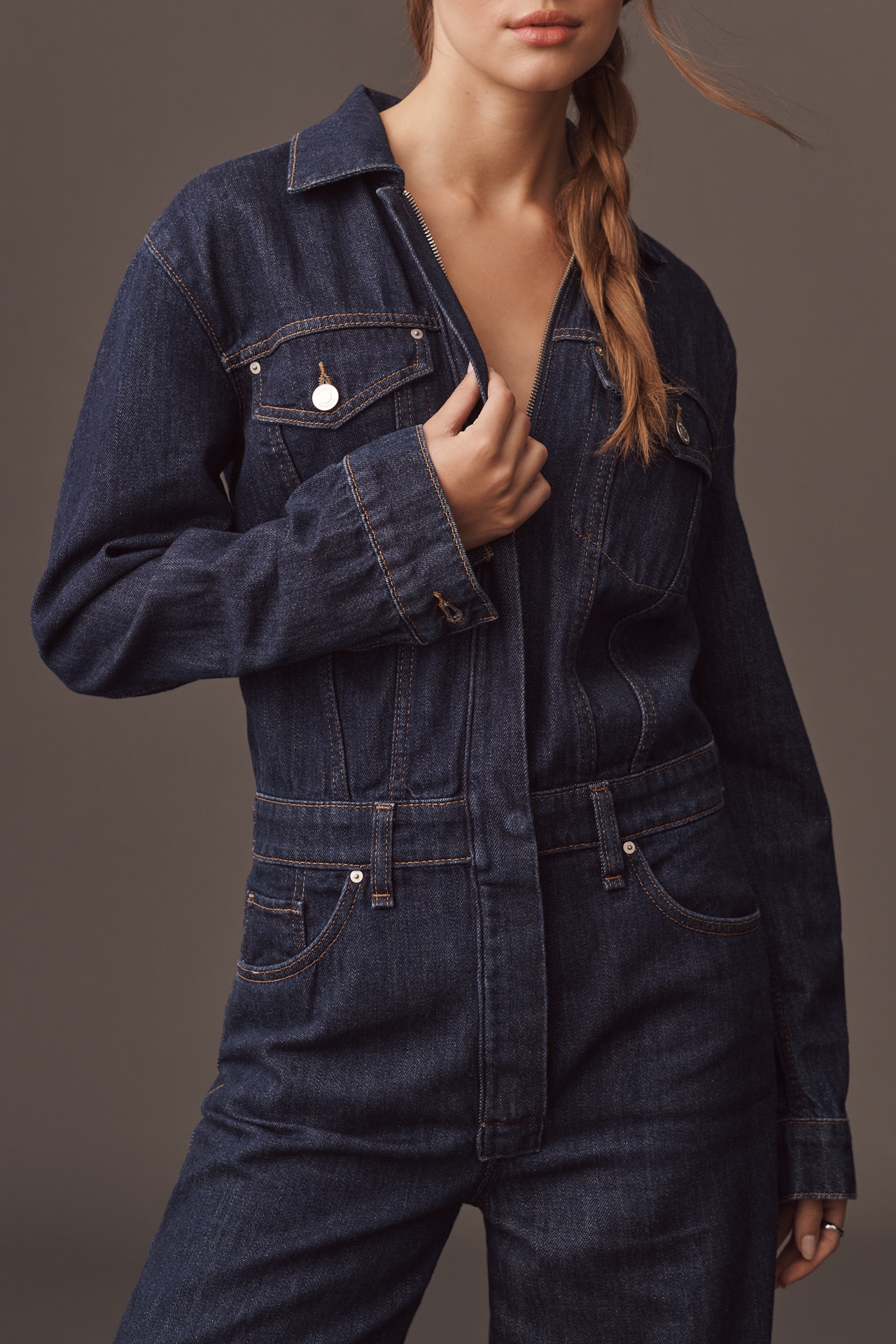 Hudson Long-Sleeve Wide-Leg Crop Denim Jumpsuit