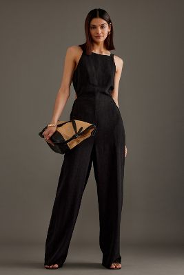 Shop Anthropologie Parker Sleeveless Cutout Linen-blend Jumpsuit In Black