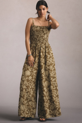PILCRO SMOCKED PRINTED LINEN JUMPSUIT 