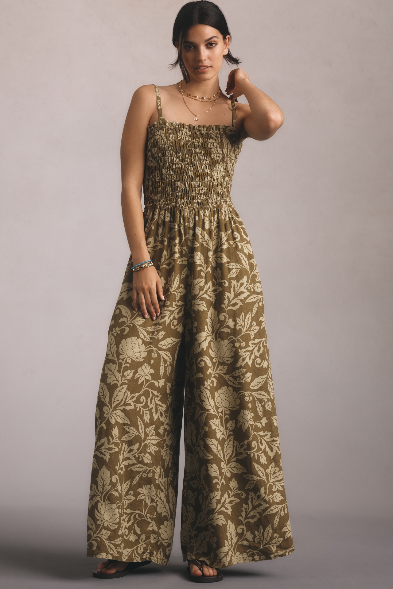 Pilcro Smocked Printed Linen Jumpsuit