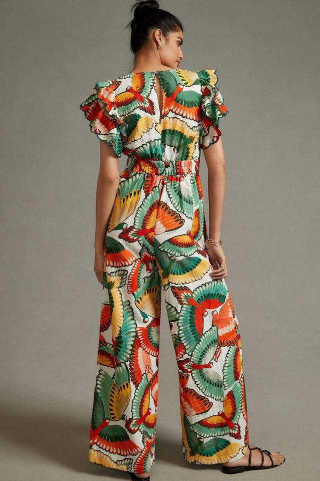Farm Rio Ruffle-Sleeve Linen Jumpsuit | Anthropologie