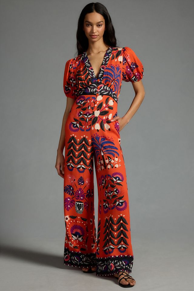 Farm Rio Printed Deep-V Puff-Sleeve Jumpsuit | Anthropologie