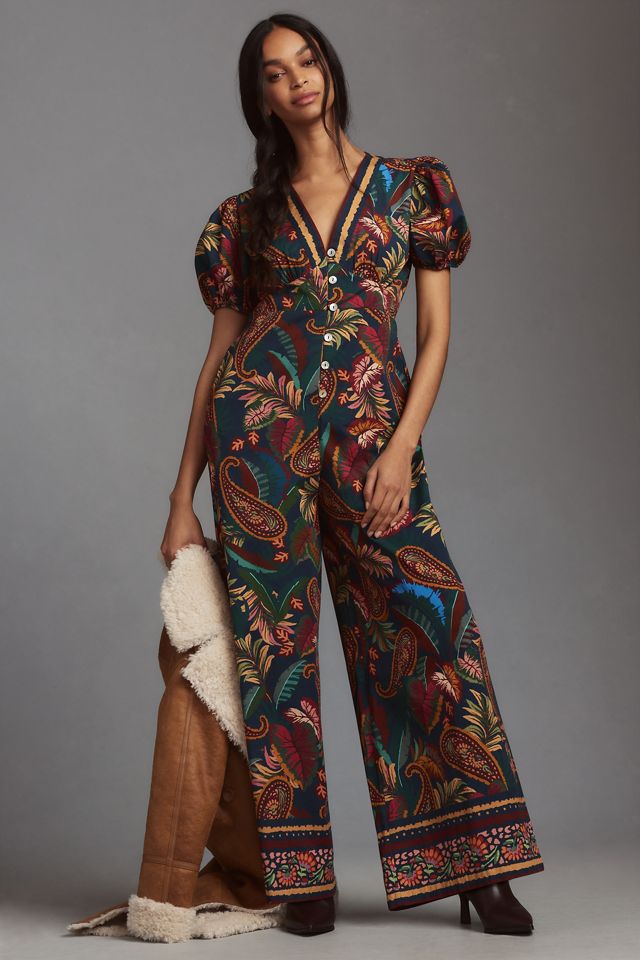 Farm Rio x Anthropologie Puff-Sleeve Printed Jumpsuit