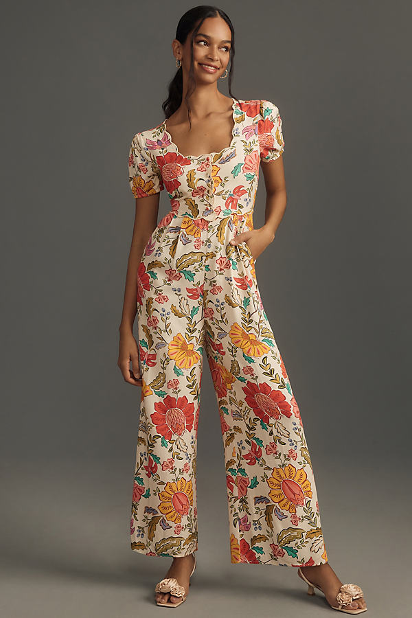 Farm Rio X Anthropologie Puff-sleeve Floral Jumpsuit In Multicolor