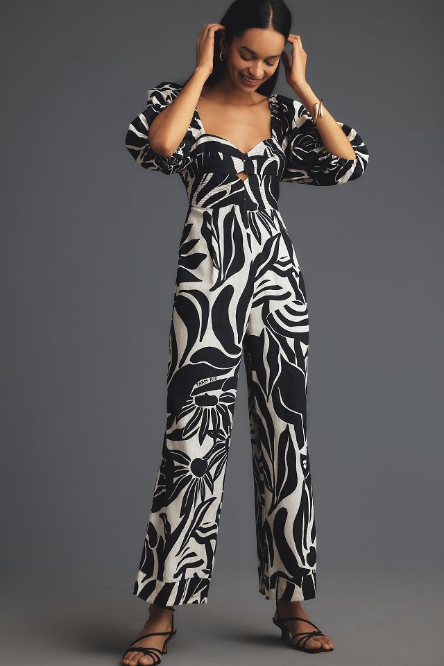 Farm Rio x Anthropologie Puff Sleeve Printed Linen Jumpsuit