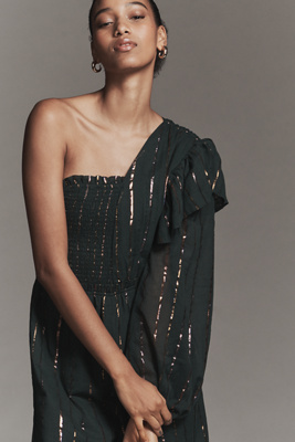 Farm Rio X Anthropologie One-shoulder Stripe Jumpsuit In Green