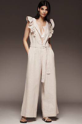 By Anthropologie Linen Blend Ruffle Jumpsuit In Beige